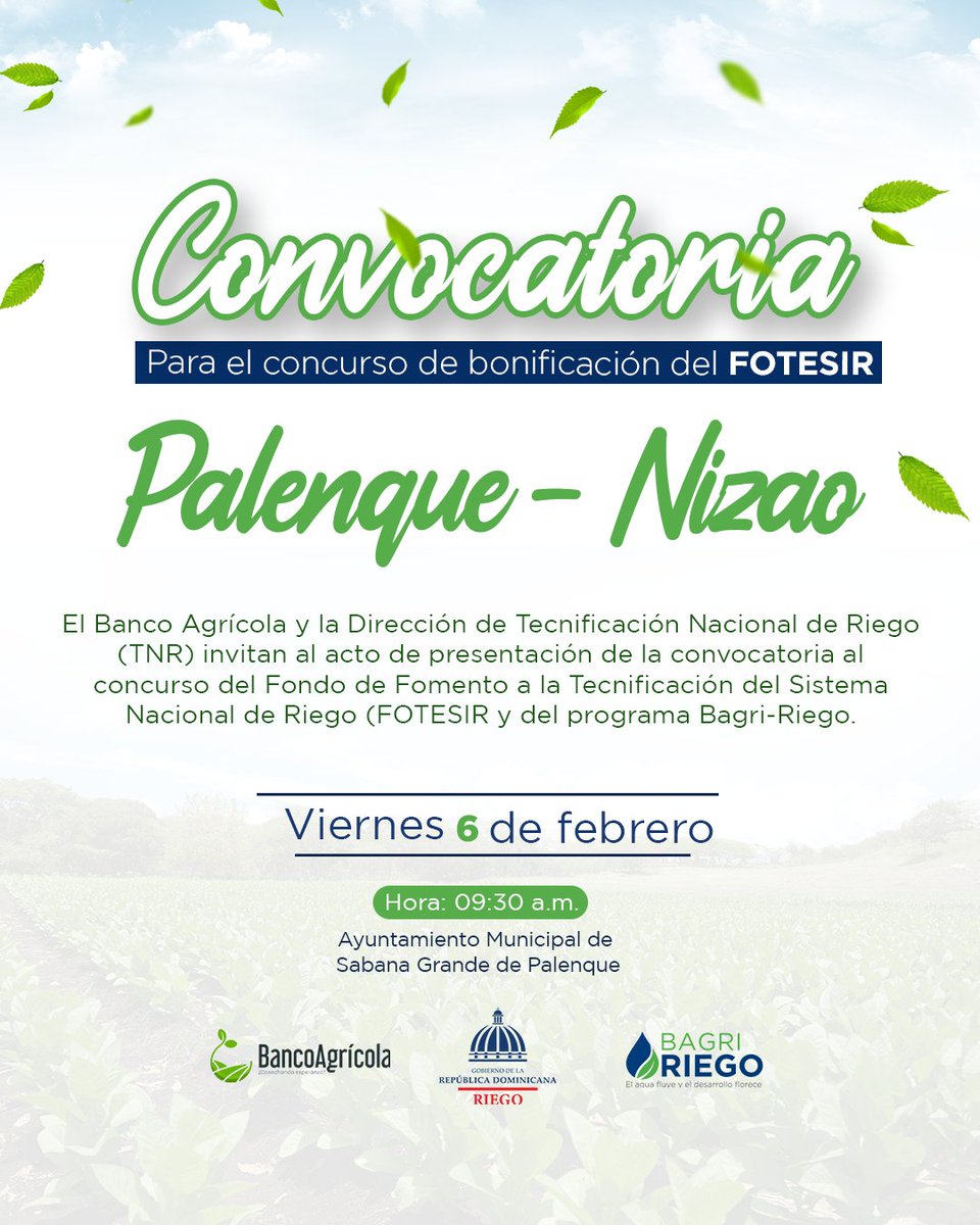 ¡Nueva Convocatoria!

👉 Dirigida a proyectos pequeños, desde 1 hasta 100 tareas, esta convocatoria ofrece hasta un 50 % de bonificación a productores de Palenque y Nizao.

📅 Viernes 6 de febrero
⏰ 9:30 a. m.
📍 Ayuntamiento Municipal de Sabana Grande de Palenque