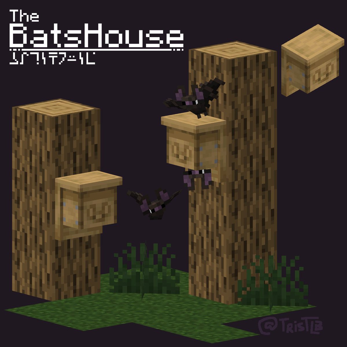 The cozy lil BatsHouse! 🦇

Ever wanted bats to roam around your base for that spooky atmosphere? Place a BatHouse on the side of your walls to invite up to 3 bats to live next to you to fly around at night! 

#blockbench #Minecraft #pixelart