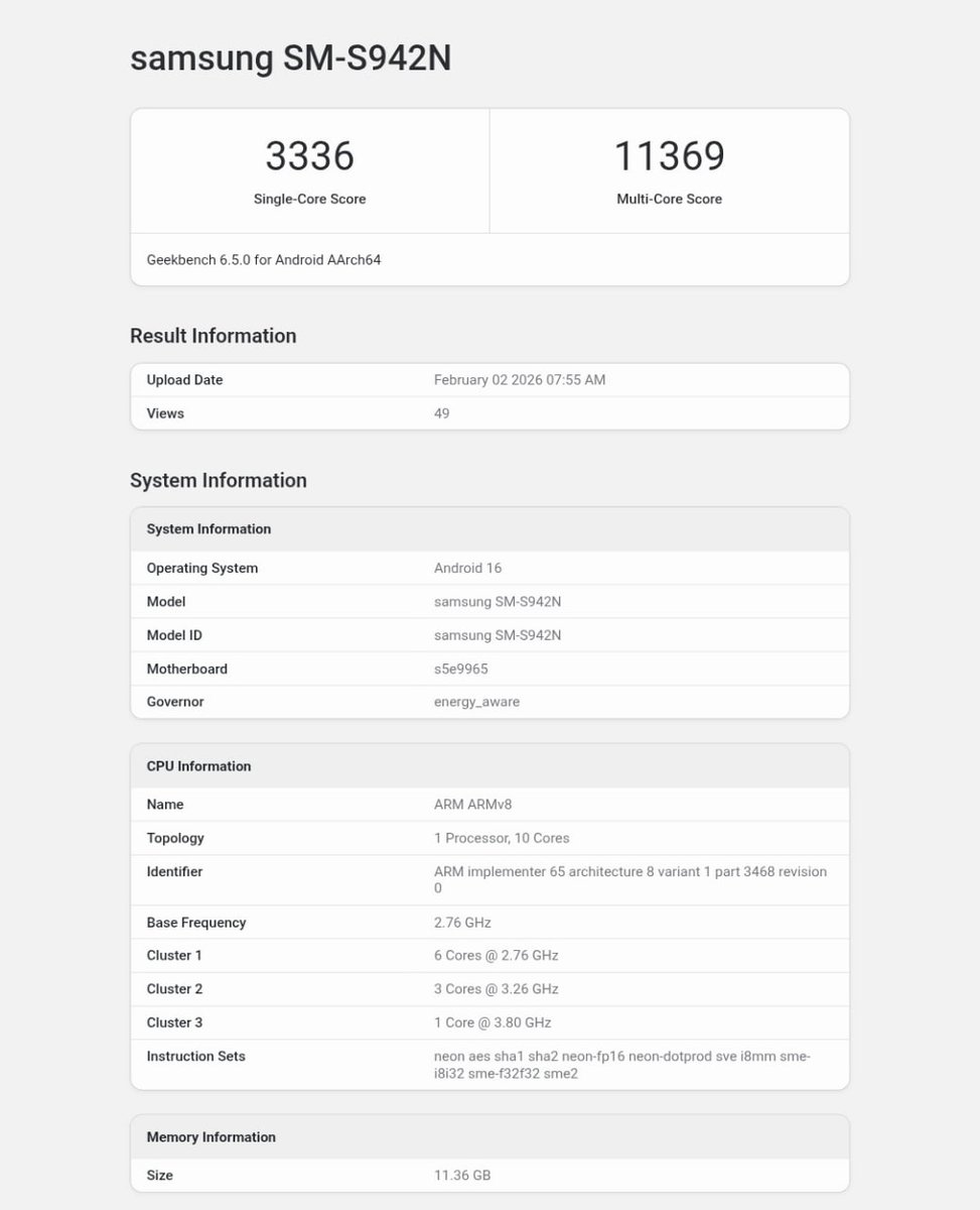 The Galaxy S26 (SM-S942N) has been spotted on Geekbench with the Exynos 2600 and 12GB of RAM!

Single-Core: 3336
Multi-Core: 11369

The Exynos 2600 is confirmed for the base model in Korea.
#samsung #s26 #oneui8_5