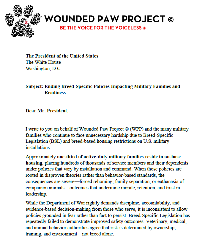 SavingAPaw's tweet photo. One-third of active-duty families live on base.

Breed-based policies still force military families to surrender dogs based on labels—not behavior.

Sir - @POTUS to end BSL. 

 @DeptofWar @thejointstaff  

#EndBSL #MilitaryFamilies #Leadership #WoundedPawProject #PAW https://t.co/f6KcNp7uKe