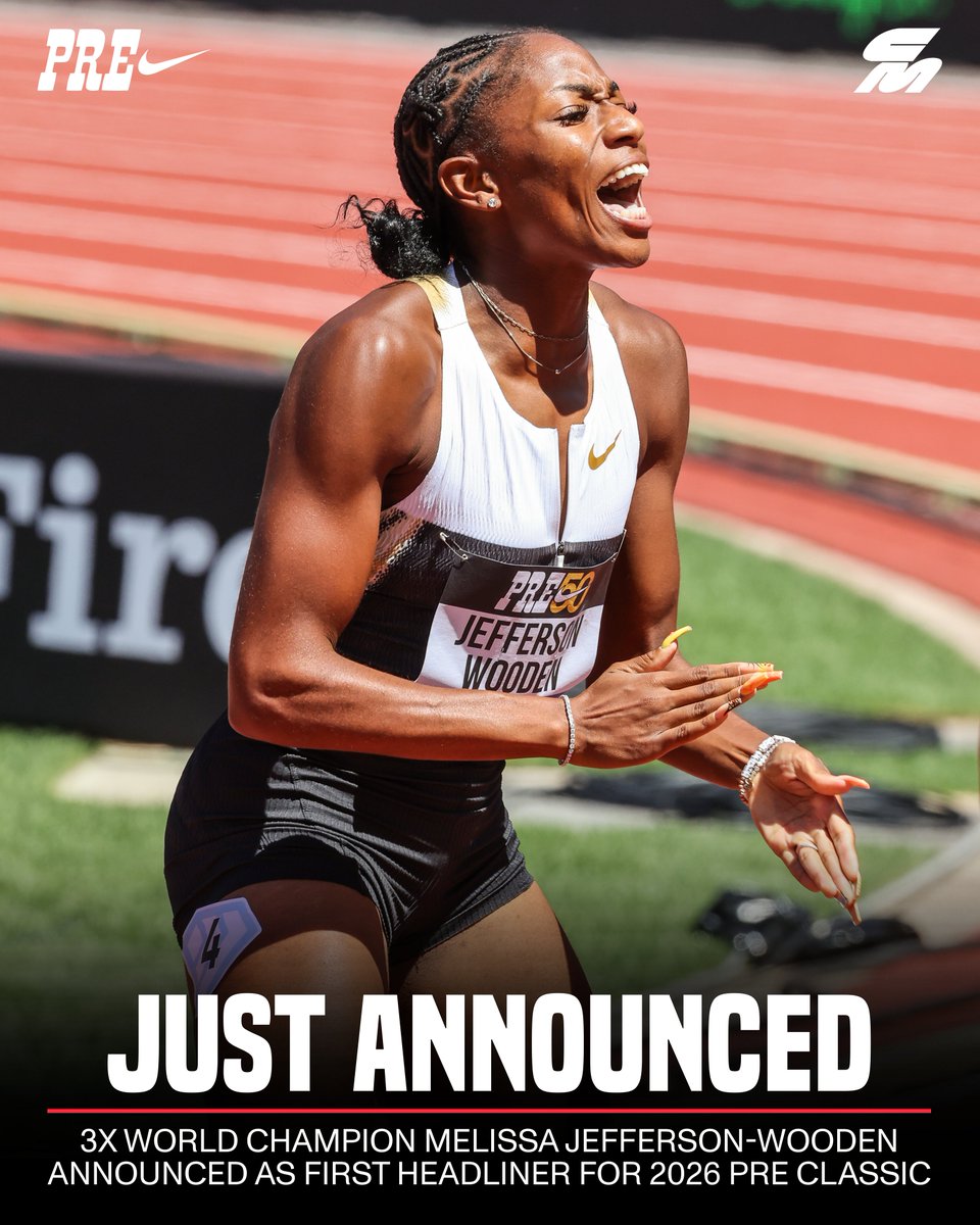 3x World Championship gold medalist Melissa Jefferson-Wooden is the first headliner announced for the 2026 Prefontaine Classic on Saturday, July 4th. 

She won the 100m at last year's meet in 10.75 over Olympic champion Julien Alfred. 

Jefferson-Wooden went undefeated in 12 100m