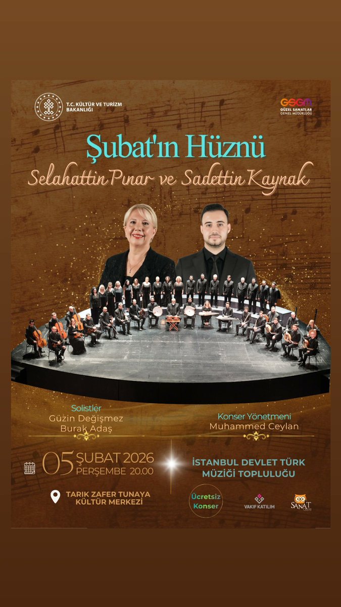Şubat'ın Hüznü / Selahaddin Pınar ve Saadettin Kaynak Eserleri" 5 Şubat Perşembe 20.00'da Tarık Zafer Tunaya Sahnesi'nde görüşmek üzere. Konserimiz ücretsizdir.