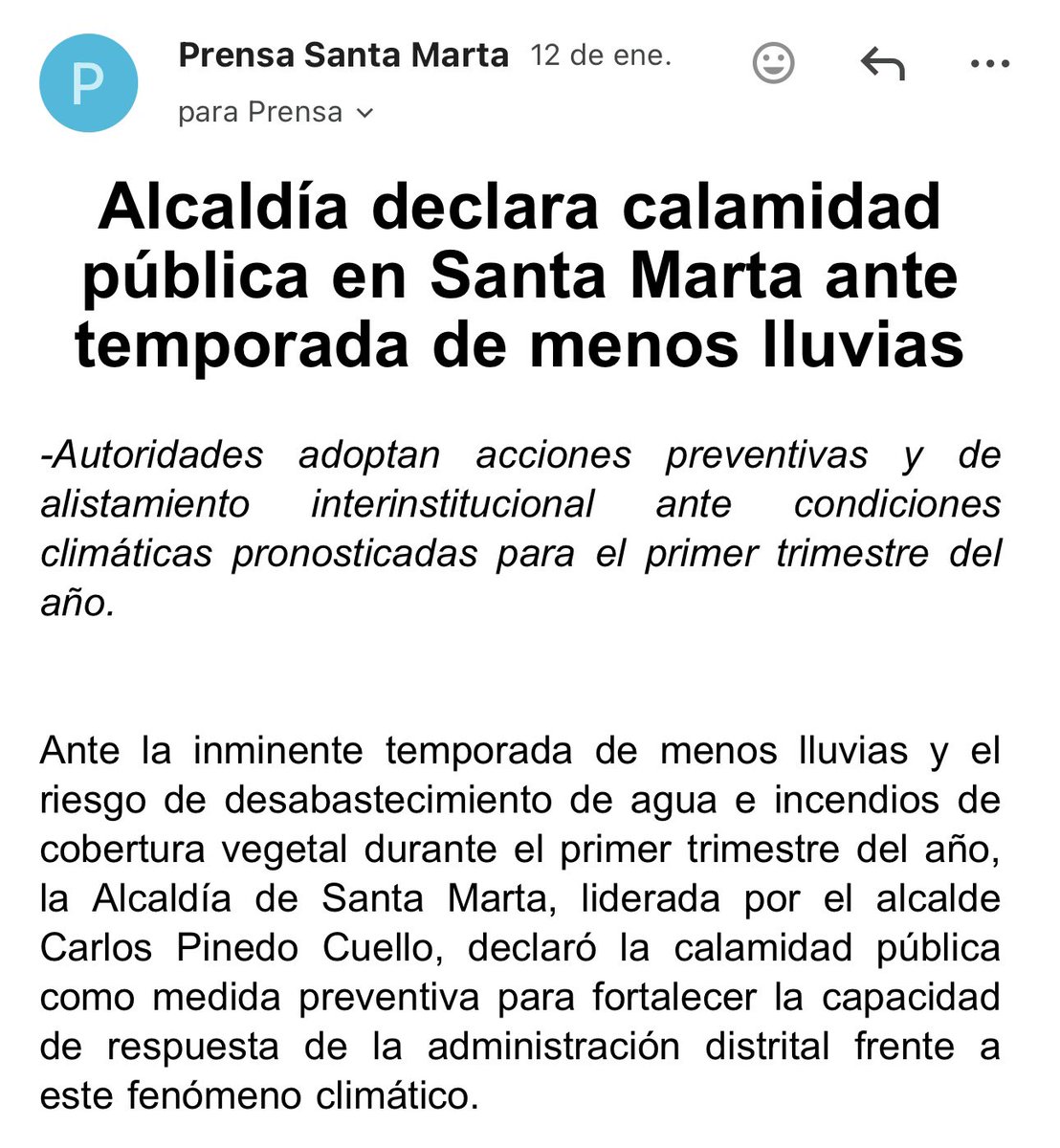 “Showman” George sale a decir que anticipadamente declararon la calamidad pública por la afectación del frente frío. Sin embargo, y oficialmente la declaratoria de calamidad pública fue porque en el primer trimestre habrían menos lluvias, desabastecimiento de agua potable e