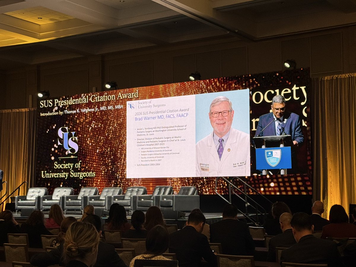 LKrankerMD's tweet photo. Dr. Barbara Warner accepted the @SUS Presidential Citation Award on behalf of her late husband, @WashUMedPedSurg Dr. Brad Warner, reminding us that true surgical excellence must always be grounded in compassion. #ASC2026 https://t.co/vIUfGNJPwr
