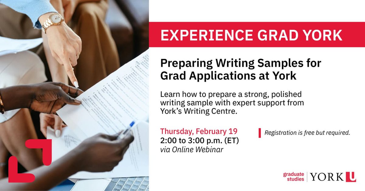 YorkUFGS's tweet image. Join us for a webinar on preparing a writing sample for your application, with guidance from York’s Writing Centre. Learn what admissions committees look for and how to present your work.

RSVP | bit.ly/4ta0aqe

#GradStudiesYU #YorkU #FutureStudents #GradSchool #CdnPSE