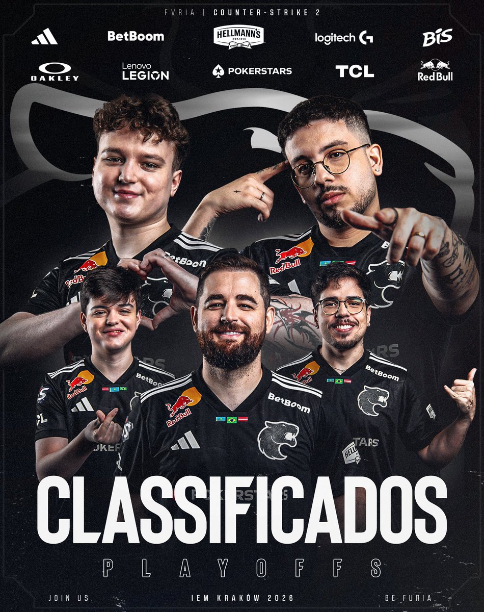 FURIA's tweet photo. CLASSIFICADOS PROS PLAYOFFS DA #IEM KRAKÓW 2026! 🇵🇱 

Overpass 8-13
Mirage 13-11
Nuke 13-9
#FURIACS 2x1 DE VIRADA contra a Astralis!

OFICIALMENTE NA BUSCA PELO TOPO NA POLÔNIA!

#DIADEFURIA