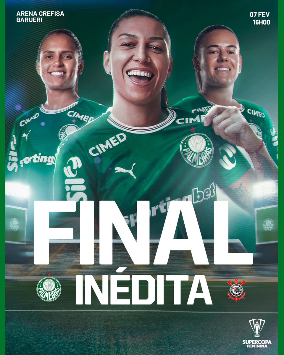 Palmeiras's tweet photo. DERBY DECISIVO! ⚔️

Sábado (07) tem a grande final da Supercopa Feminina às 16h, na Arena Crefisa Barueri. Vamos JUNTOS, em #FamíliaPalmeiras, torcer pelas Palestrinas em busca de mais um título inédito! 💚

Os ingressos estão por apenas R$ 20! Contamos com o apoio da torcida que canta e vibra! ➤ https://t.co/OelW69zMO5
