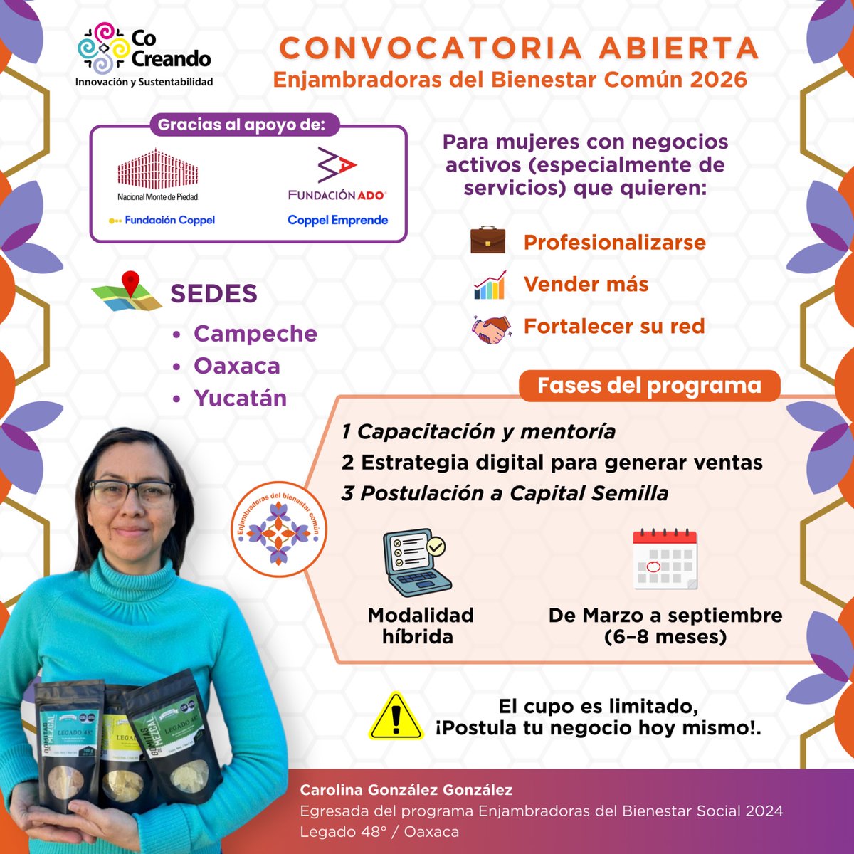 👩‍💼Desde #E4T compartimos la convocatoria #EnjambradorasdelBienestarComún2026 de #SEDECOCampeche.
Dirigida a #MujeresEmprendedoras con negocios activos que buscan profesionalizarse, vender más y fortalecer su red.
⚠️Cupo limitado
🔗forms.gle/vEn3cXmjuLM8Jm…
 #Mipymes #Emprendimiento