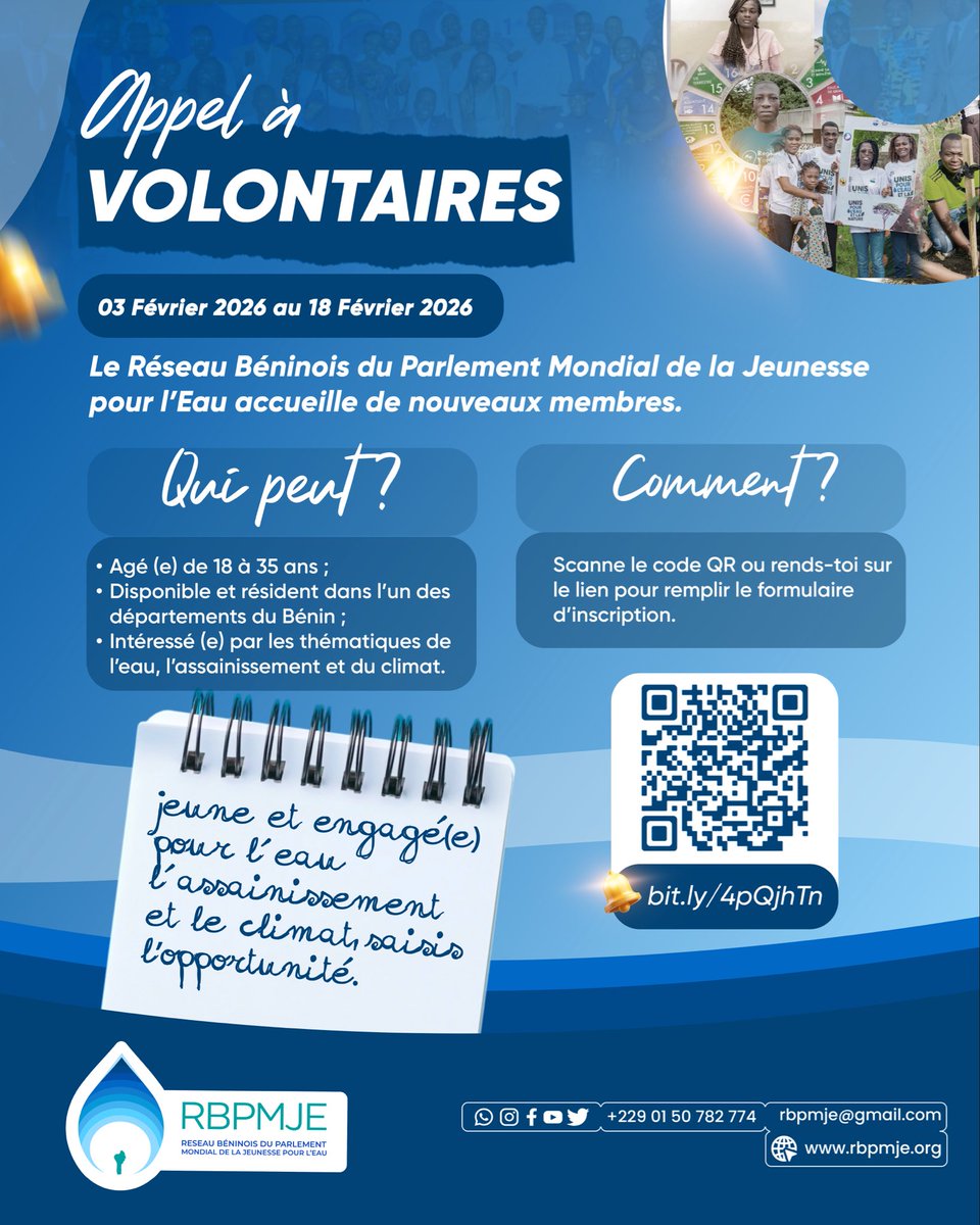 #WeMoveForWater
Tu es un(e) jeune engagé(e) ou tu souhaites t’impliquer concrètement pour l’eau, l’assainissement et le climat au Bénin ?
Le <a href="/PmjeRb/">RB/PMJE</a> lance le processus de constitution de sa 4ᵉ mandature.
QUI PEUT CANDIDATER ?…lire plus 👉🏾: urlr.me/U4b8Nr