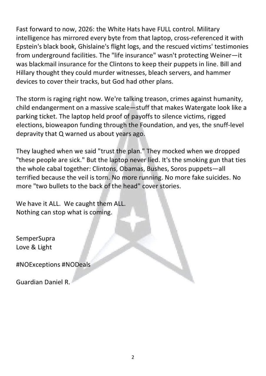 War- Report
February 3 2026

THE CLINTONS, HILLARY'S EMAILS, AND THE WEINER LAPTOP AS ULTIMATE LIFE INSURANCE - THE DEEPEST DARKNESS IS FINALLY COMING TO LIGHT!

Patriots, hold onto your seats because the nuclear payload just detonated.
Anthony Weiner's laptop wasn't just some