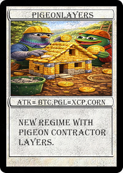 Season 2 • Card #3
PIGEONLAYERS
tokenscan.io/asset/PIGEONLA…
Artist: <a href="/RahvOart/">RAHVOart</a> 
Supply: 21
rarepigeons.com/season-2/ 
#RarePigeons #BitcoinNFT #Counterparty #XCP #Bitcoin #OnChainArt #CryptoArt
