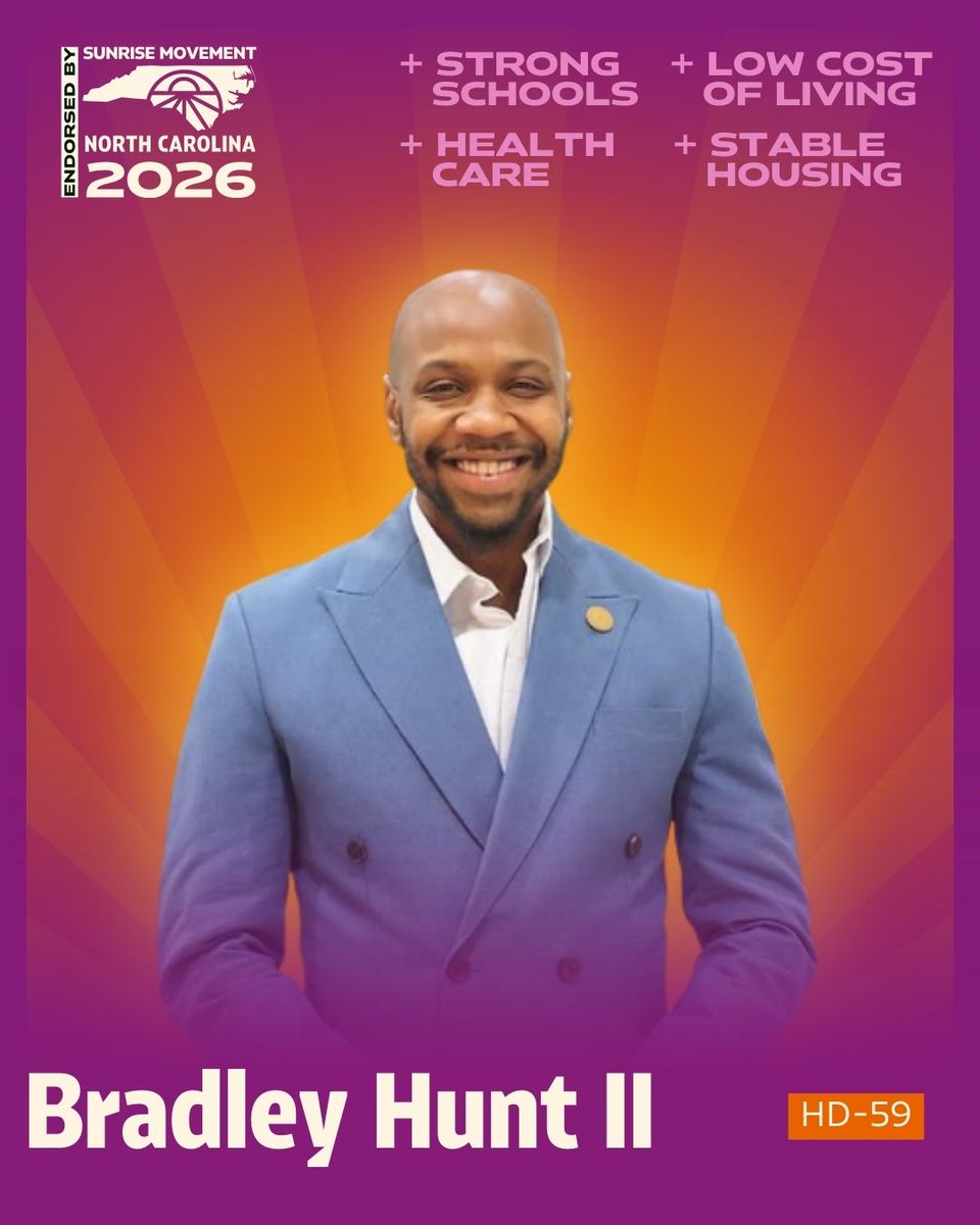 sunrisemvmtnc's tweet photo. Sunrise NC is proud to endorse Bradley Hunt II for NC House District 59! #GreenNewDeal #SunriseMovementNC https://t.co/hAG59TmPY6