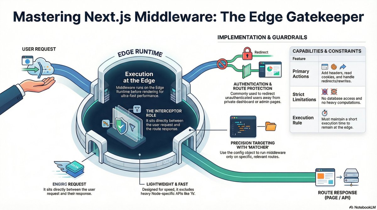 see_the_sahoo's tweet photo. 🧩 Next.js Interview Tip 👇
Middleware in Next.js runs before a request is processed, letting you handle auth, redirects &amp; request logic at the edge—fast &amp; secure.
A must-know for interviews 🚀
#NextJS #WebDev #InterviewQuestion #ReactJS https://t.co/cOTRflMQnH