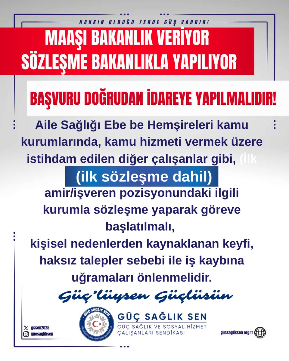 gssen2025's tweet photo. Bir çalışanın göreve başlayabilmesi için, başka bir çalışanın onayının aranması, iyi niyetli bir kurgu değildir.

Bir meslek grubunun onurunu, itibarını hedef alan bu uygulama; başta mobbing olmak üzere her türlü kişisel ve mesleki İSTİSMARA uygun zemin oluşturmaktır.

Geçmişte ve şimdi ağır örneklerini yaşadığımız bu durumların önüne geçmekle yükümlü Sağlık Bakanlığı, çalışanı kendi eliyle açık hedef haline getirmektedir!

Defalarca talepte bulunduk, değişinceye kadar vazgeçmeyeceğiz. Bunu kabul etmiyoruz!

Aile Sağlığı Merkezi çalışanlarının tamamı, kamu kurumlarında kamu hizmeti vermek üzere istihdam edilen diğer çalışanlar gibi, (ilk sözleşme dahil) amir/işveren pozisyonundaki ilgili kurumla sözleşme yapıp görevine başlatılarak, kişisel nedenlerden kaynaklanan keyfi, haksız talepler sebebi ile iş kaybına uğramaları önlenmelidir.
@RTErdogan @tcbestepe @drmemisoglu @saglikbakanligi @halksagligigm