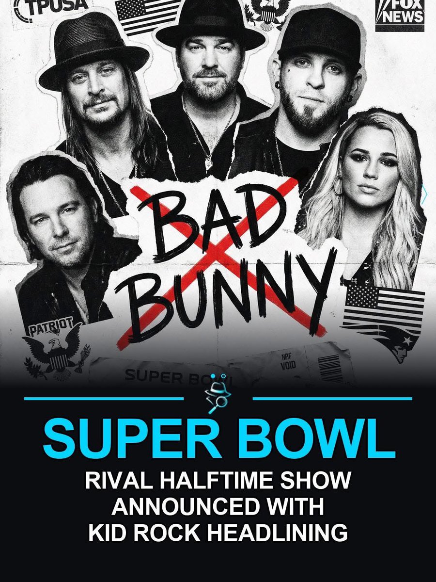PaulGoldEagle's tweet photo. 🚨 Kid Rock is headlining Turning Point USA's "All-American Halftime Show" — a direct rival to Bad Bunny's NFL performance.

The lineup: Kid Rock, Lee Brice, Brantley Gilbert, and Gabby Barrett.

Kid Rock's statement? "We plan to play great songs for folks who love America."

It airs during halftime on Feb 8 across Daily Wire, Real America's Voice, and TPUSA's channels.

Which halftime show are YOU watching? 👇