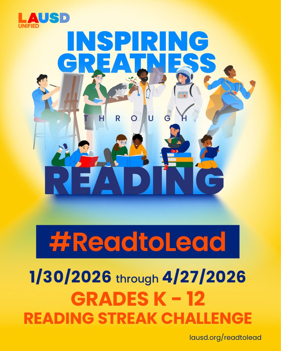 LASchools's tweet photo. @laschools students in grades K–12 are invited to take part in the Inspiring Greatness Through Reading Challenge, encouraging students to read, reflect, and build lifelong habits for success. #ReadToLead #InspiringGreatness

Students can:
📖 Select a book on SORA or from their school library
✍️ Complete a reflection to help their school win

The challenge runs through April 27. Learn more at https://t.co/BhE9z8GkmI, or contact your school for additional information. 

-- 
Los estudiantes de @LASchools en los grados K–12 están invitados a participar en el Reto Inspiring Greatness Through Reading, que motiva a leer, reflexionar y desarrollar hábitos para el éxito a lo largo de la vida.

Los estudiantes pueden:
📖 Seleccionar un libro en SORA o en la biblioteca de su escuela
✍️ Completar una reflexión para ayudar a que su escuela gane

El reto estará vigente hasta el 27 de abril. Obtenga más información en https://t.co/BhE9z8GkmI o comuníquese con su escuela para obtener más detalles.