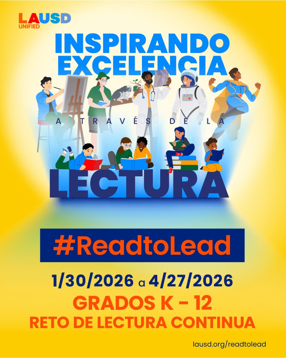 LASchools's tweet photo. @laschools students in grades K–12 are invited to take part in the Inspiring Greatness Through Reading Challenge, encouraging students to read, reflect, and build lifelong habits for success. #ReadToLead #InspiringGreatness

Students can:
📖 Select a book on SORA or from their school library
✍️ Complete a reflection to help their school win

The challenge runs through April 27. Learn more at https://t.co/BhE9z8GkmI, or contact your school for additional information. 

-- 
Los estudiantes de @LASchools en los grados K–12 están invitados a participar en el Reto Inspiring Greatness Through Reading, que motiva a leer, reflexionar y desarrollar hábitos para el éxito a lo largo de la vida.

Los estudiantes pueden:
📖 Seleccionar un libro en SORA o en la biblioteca de su escuela
✍️ Completar una reflexión para ayudar a que su escuela gane

El reto estará vigente hasta el 27 de abril. Obtenga más información en https://t.co/BhE9z8GkmI o comuníquese con su escuela para obtener más detalles.