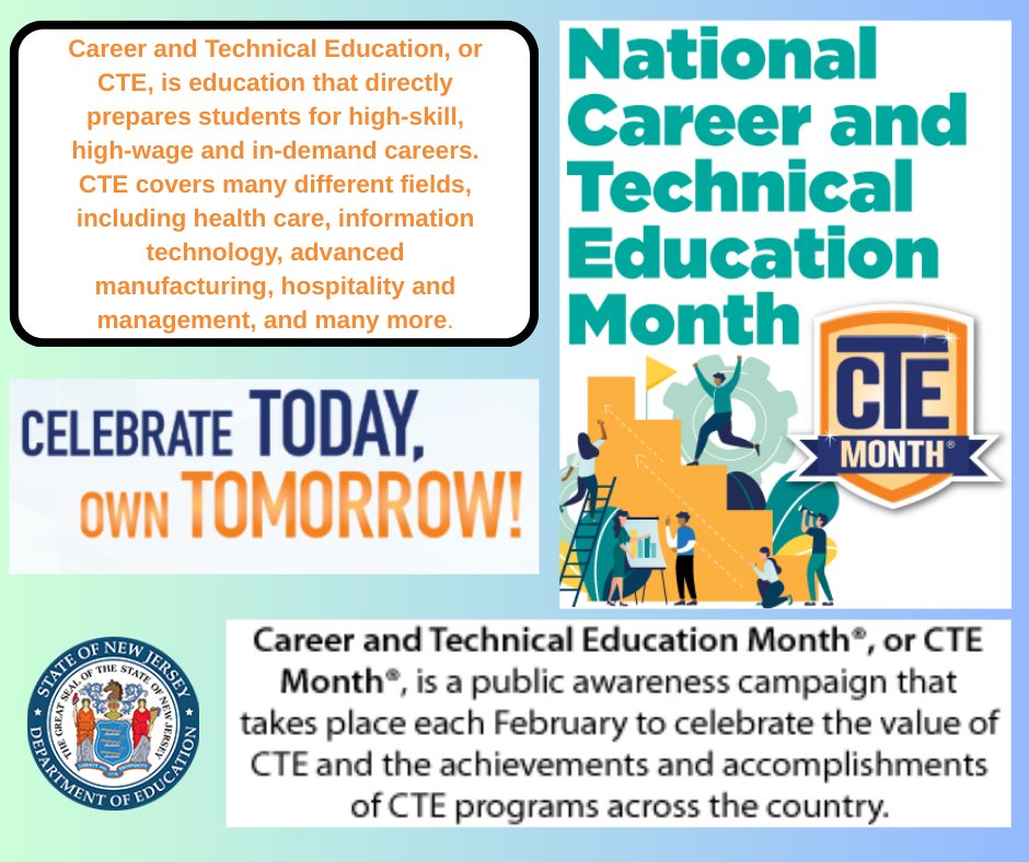 NewJerseyDOE's tweet photo. Happy National Career and Technical Education Month! This month, we celebrate the power of Career and Technical Education (CTE) to inspire innovation, create opportunities, and prepare learners with the skills they need for success in college, careers, and beyond. #CELEBRATECTENJ https://t.co/bQwlmeMutv
