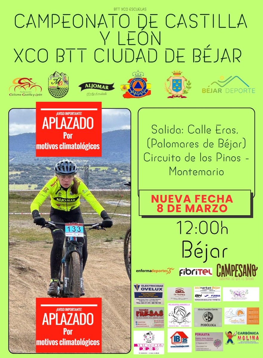 ciclismobejar's tweet photo. ❄️🌨️ Las previsiones meteorológicas no son las más positivas para la semana y fin de semana en Béjar
Lamentándolo enormemente nos vemos en la necesidad de aplazar el 🚵‍♀️🚵‍♂️ XCO BTT Ciudad de Béjar | Campeonato CyL BTT Escuelas @FCiclismoCyL 🏆
🗓️ nueva fecha: 8 de marzo
🙏GRACIAS https://t.co/X4wr8T3rt8