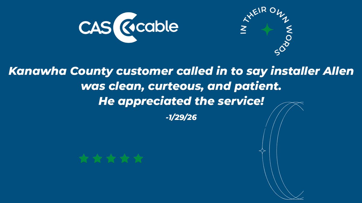 Love hearing this kind of feedback 👏⭐️

Shoutout to installer Allen! A Kanawha County customer called in to let us know Allen was clean, courteous, and patient during their install—and that they truly appreciated the service.

That’s what local service is all about!