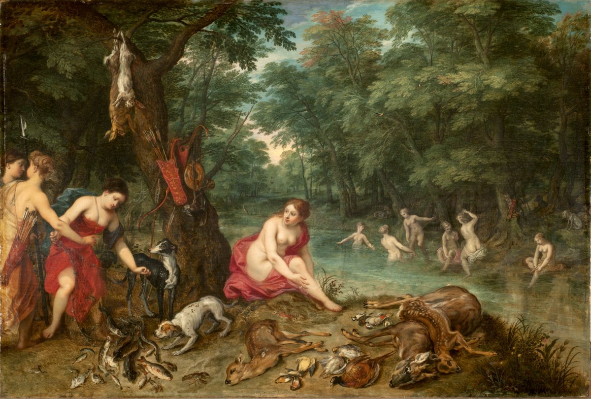 BellasArtesAR's tweet image. #LaObraDelDía➜ #Mitología Una de las obras surgidas de la colaboración entre Jan Brueghel I y Hendrick van Balen es “Baño de Ninfas (Las ninfas de Diana regresando de la pesca)”. Mientras el primero realizó los paisajes, el segundo hizo lo propio con las figuras.