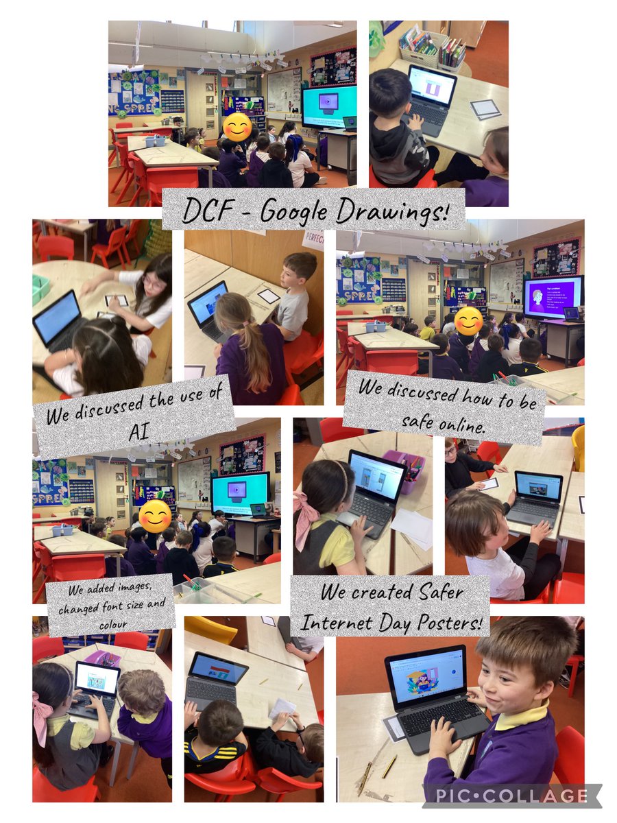 NantCelynY3's tweet photo. This afternoon, in our DCF lesson, we discussed how to stay safe online, the uses and misuses of AI, and who to tell if something happens. We used Google Drawings to create posters in readiness for Safer Internet Day on February 10th! @nantcelynschool https://t.co/6m84q42XeJ