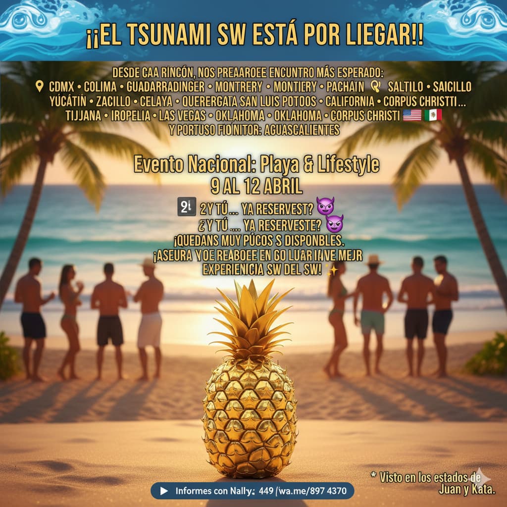 Están listos??? 
🌊 ¡EL TSUNAMI SW ESTÁ POR LLEGAR! 🌊
​Desde cada rincón, nos preparamos para el encuentro más esperado:
​📍  Lifestyle 🌴
​📅 9 al 12 de Abril
​¿Y tú... ya reservaste? 😈 ¡
​👀 Visto en los estados de Juan y Kata.
​#TsunamiSwinger #EstiloDeVida #PlayaYLifestyle