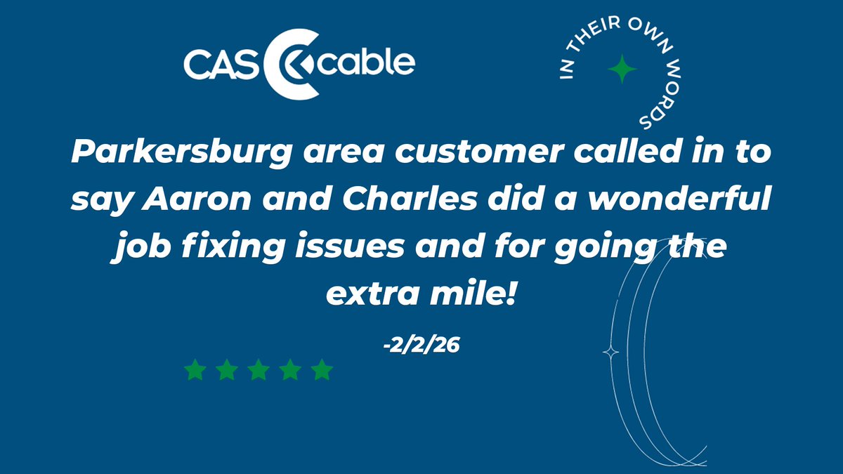 Another ⭐⭐⭐⭐⭐ moment for our team!

A Parkersburg-area customer called in to share how Aaron and Charles did a wonderful job fixing their issues and truly went the extra mile. That’s the kind of service we’re proud to deliver every day.

Thanks for trusting CAS Cable!