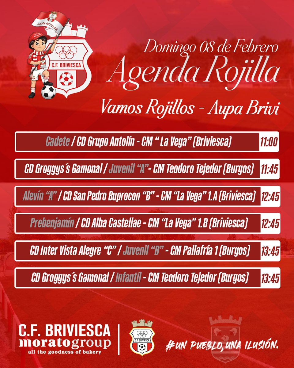 🔴¡𝗔𝗚𝗘𝗡𝗗𝗔 𝗥𝗢𝗝𝗜𝗟𝗟𝗔!⚽
🔥¡Finde de PASIÓN ROJILLA!❤️🤍
💪Con ilusión, esfuerzo y respeto, ¡Nos dejamos el alma en cada partido!
🤝¡Juntos somos más fuertes! ¡Juntos hacemos más grande al fútbol!👏
🙌Tu aliento nos empuja a seguir soñando
#VamosBrivi🫶#PasiónRojilla