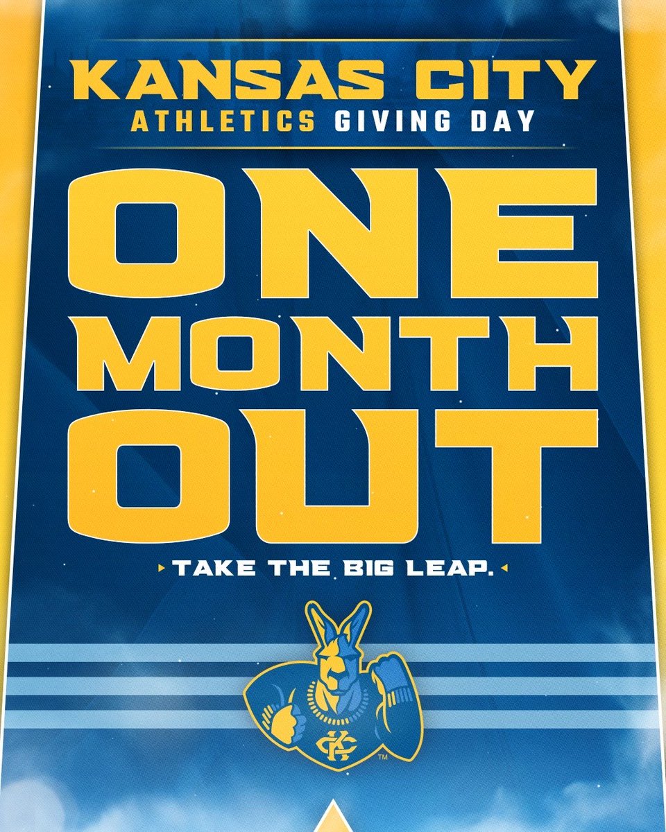KCRoosAthletics's tweet photo. We’re one month from your opportunity to make an impact on the future of Kansas City Athletics by supporting our Giving Day campaign! 

No need to wait; be a leader and give now to support The Big Leap at https://t.co/cie3M5fnuE!

#RooUp | #TheBigLeap https://t.co/xpmGXE3BVK