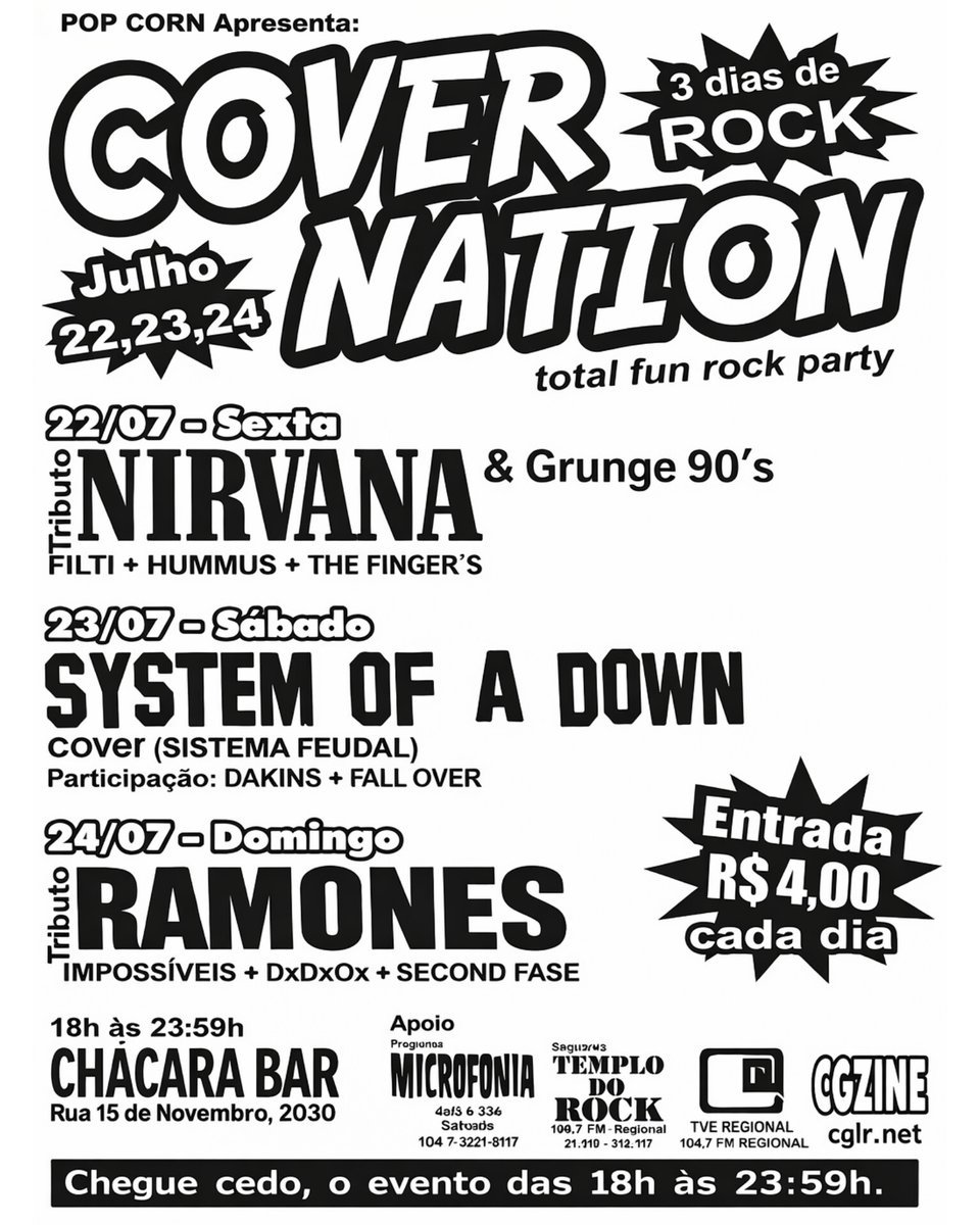 Cover Nation (2005): 3 dias de rock no Chácara Bar (CG-MS), unindo bandas cover, tributo e autorais da cena underground.
instagram.com/p/DUTfxQdkSqZ/…