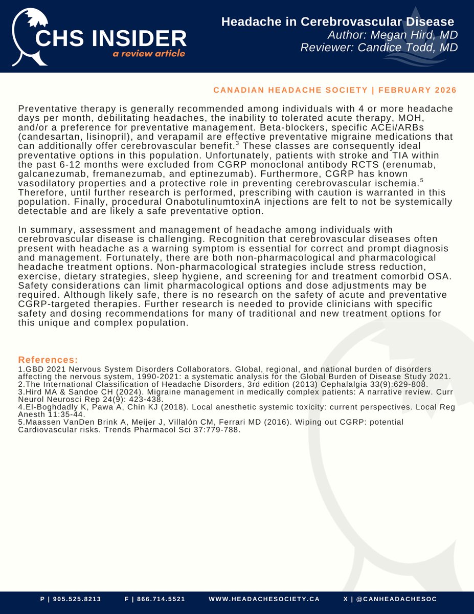 CanHeadacheSoc's tweet photo. 📢 The February Issue of the #CHSInsider is out now, focusing on Headache in Cerebrovascular Disease. A big thank you to Dr Megan Hird for writing this article, and to Dr Candice Todd for the thorough review.

📢 Dive into our CHS Insider articles, available for download to all CHS members in the "Emerging Literature" section of our Members Forum: https://t.co/rIch7L6zTR

📢 Have a topic in mind for the CHS Insider? Share your ideas with us at info@headachesociety.ca. Let's keep the conversation going!