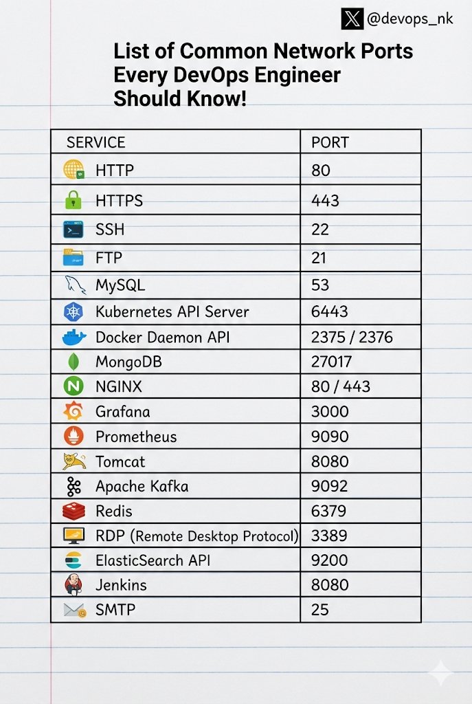 devops_nk's tweet image. 𝗘𝘀𝘀𝗲𝗻𝘁𝗶𝗮𝗹 𝗡𝗲𝘁𝘄𝗼𝗿𝗸 𝗣𝗼𝗿𝘁𝘀 𝗘𝘃𝗲𝗿𝘆 𝗗𝗲𝘃𝗢𝗽𝘀 𝗘𝗻𝗴𝗶𝗻𝗲𝗲𝗿 𝗦𝗵𝗼𝘂𝗹𝗱 𝗞𝗻𝗼𝘄 🌐