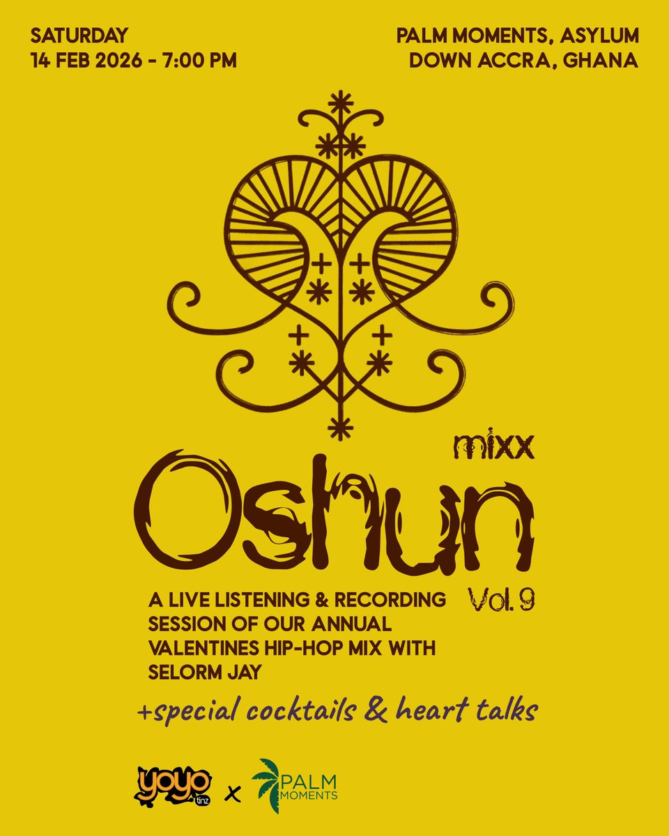 yoyotinz's tweet photo. Valentine’s night done right 💛

OSHun Mixx Vol. 9
Live listening &amp; recording of our annual Valentine’s hip-hop mix w/ Selorm Jay.
Cocktails. Heart talks. Good music.

📍 Palm Moments, Accra
🗓 Feb 14 | 7PM https://t.co/SEHOLPMWI2