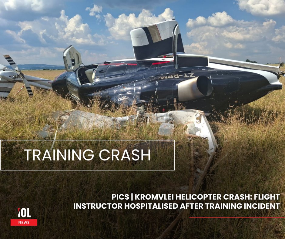 IOL's tweet image. A flight instructor was hospitalised with minor injuries after a seven-seater helicopter crashed during a training exercise in Kromvlei, outside Alberton, on Tuesday afternoon. 
#HelicopterCrash #FlightTraining #AviationNews #Kromvlei #Alberton #PilotInjured 
Read on: