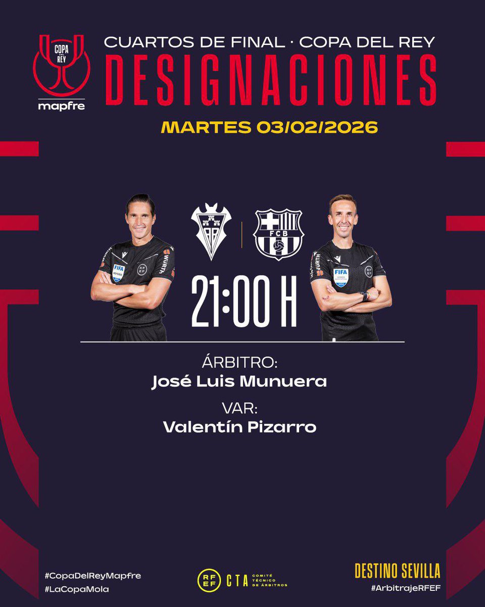 🅰️𝗿𝗯𝗶𝘁𝗿𝗼𝘀 @rfaf en  Cuartos de final de Copa del Rey 🏆⚽️

📌 Albacete 🆚 FC Barcelona (03/02 | 21:00)
👨‍⚖️ José Luis Munuera Montero

📌 Deportivo Alavés 🆚 Real Sociedad (04/02 | 21:00)
👨‍⚖️ Alejandro Quintero González

💪🇳🇬 ¡Andalucía presente!
#CopaDelRey #ArbitrosRFAF