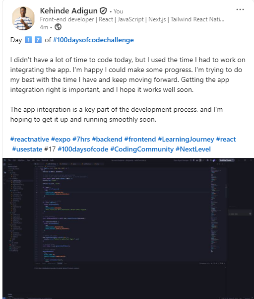 Day 13 , Day 14 , Day 15, Day 17

In case you don't know me??

I'm Kehinde Adigun, a full-stack developer. Check the full posts here linkedin.com/in/kehinde-adi… s