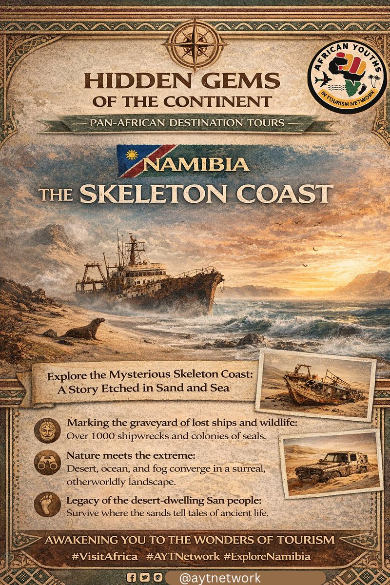 AYTNETWORK's tweet photo. Hidden Gems of the Continent 🇳🇦
Where the desert meets the Atlantic, history whispers through shipwrecks and sand.
Namibia’s Skeleton Coast isn’t just a destination — it’s a story of resilience, mystery, and raw African beauty. #VisitAfrica #AYTNetwork #Africa #travel #best https://t.co/qQnitGHwQm