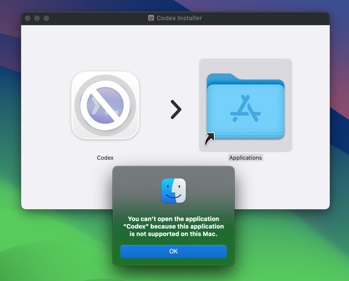 Codex is not supported on MacBook Air with macOS 14.8.3 version