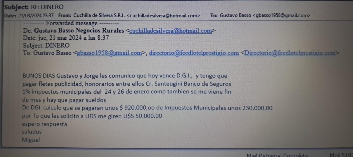 🔴 + CORREOS Y CONEXIONES

✔️Nuevos correos electrónicos muestran que Gustavo Basso manejaba a su discreción la empresa Cuchilla de Silvera, donde puso a su hija Candelaria de accionista de Jorge Cunietti.

✔️Basso giraba dinero a Cuchilla de Silvera y lo hacia figurar como