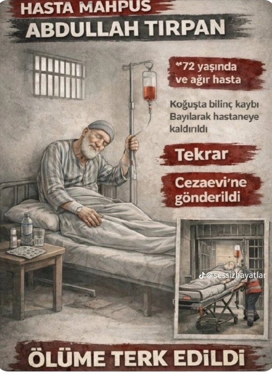 İNSANLIĞA SESLENİYORUZ!!

10 ayda 40 defa hastaneye götürülen Abdullah Tırpan, koğuşta düştü, bilincini kaybetti. Bu kadar hasta ve yaşlı olan birinin cezaevinde kalması hangi vicdana sığar?

AbdullahTırpana ATKEngeli

#Epstine 
#trump 
#HumanRights
#JusticeForAll
#StopInjustice
