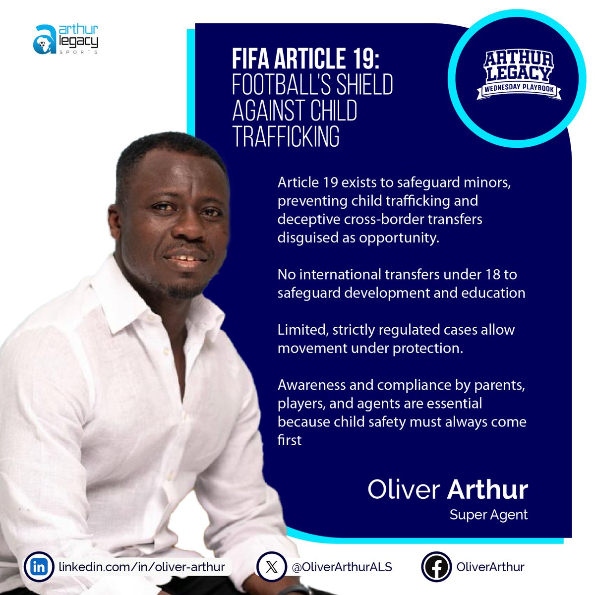 ArthurLegacy's tweet image. FIFA Article 19: Football’s Shield Against Child Trafficking
#lifetransformationagenda #PlayerProtection #antitrafficking #FootballIntegrity #safeguardingchildren #lifetransformationagenda