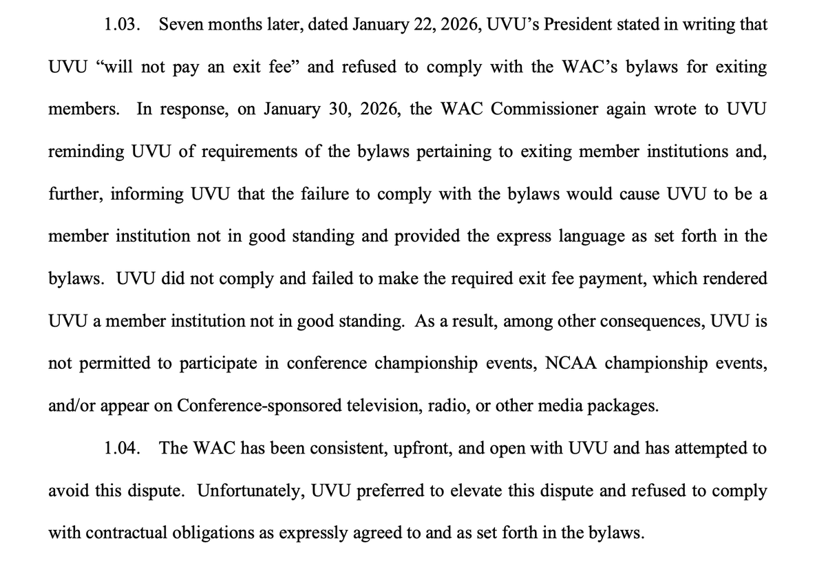 NEWS: The WAC has filed suit against Utah Valley University “to pay a contractually obligated exit fee in the amount of $1,000,000.00,” which the lawsuit says Utah Valley has refused to pay. Utah Valley is headed to the Big West effective July 1 of 2026.