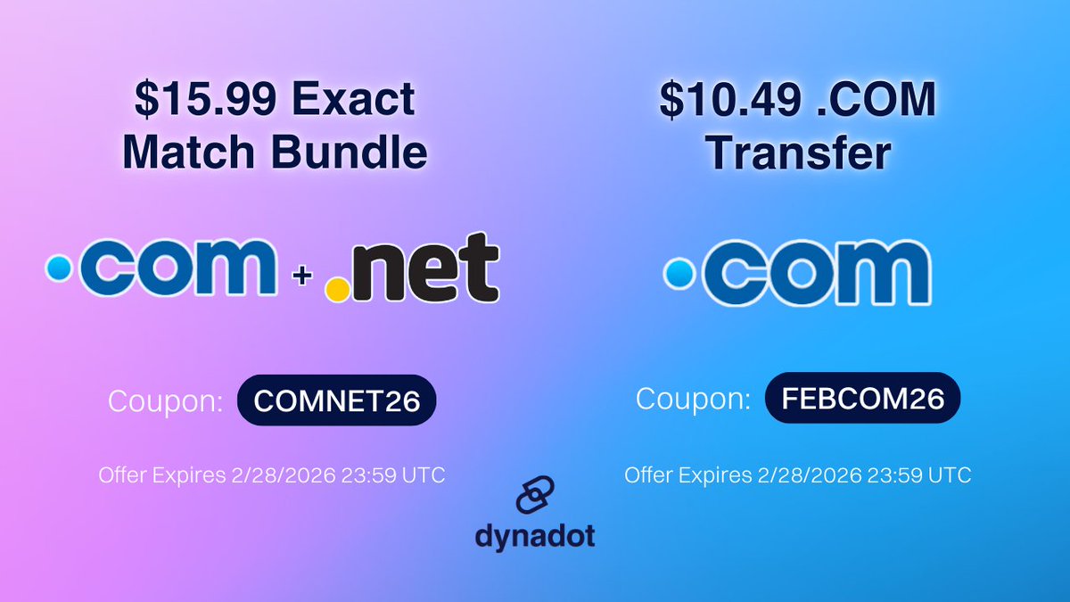 Love a good deal? 💘 Lock in exact-match .COM + .NET domains for $15.99 with COMNET26, or transfer your .COM for just $10.49 using FEBCOM26! dyna.me/Gv8e4ik

We’re committed to low prices you can trust, plus powerful domain tools that grow with your ideas.