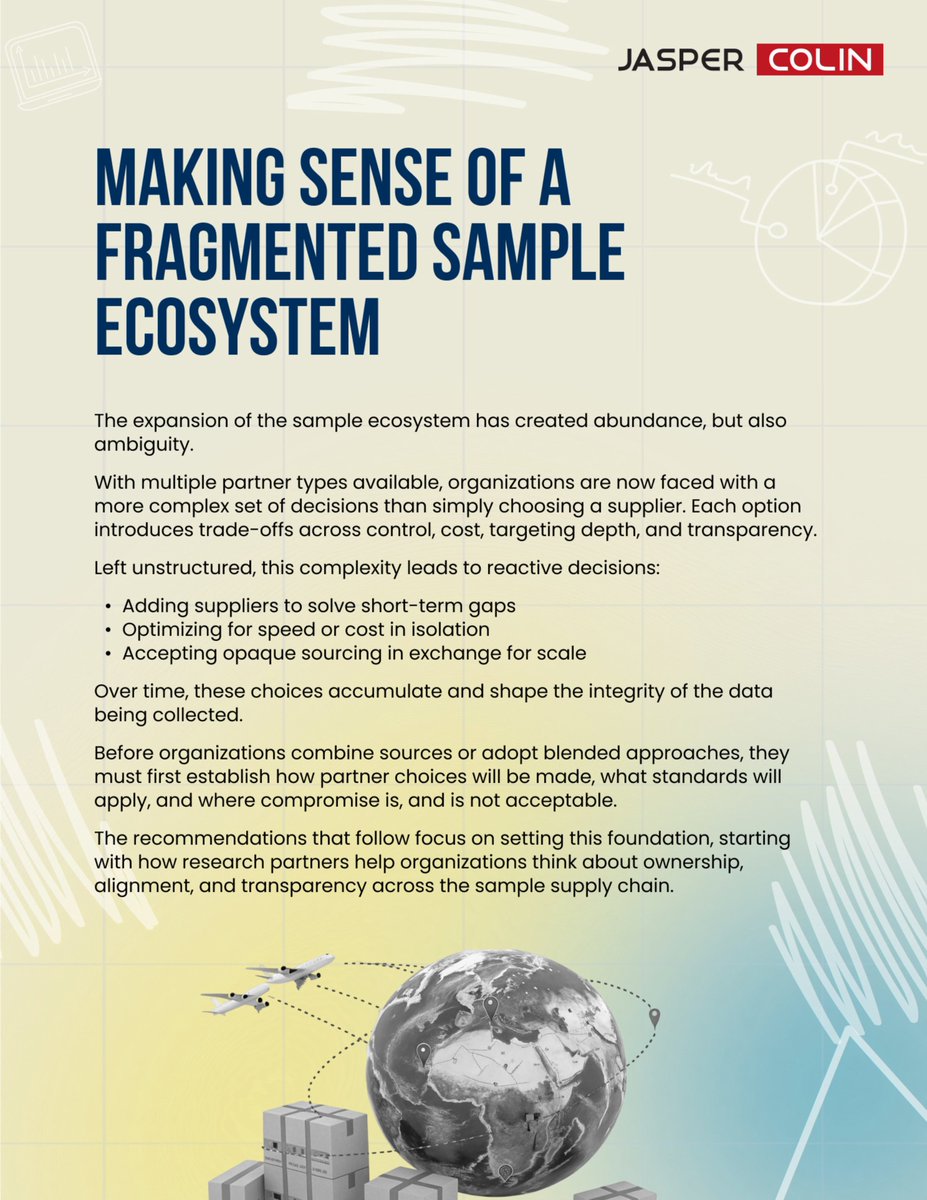 jaspercolin_res's tweet photo. The past few years have shown how a blended sample acquisition and survey execution approach in research has become a response to tighter turnaround expectations, global scale & rising cost pressures
#MarketResearch #DataCollection #BlendedResearch #SamplingStrategy #JasperColin https://t.co/vsvvtPxpph