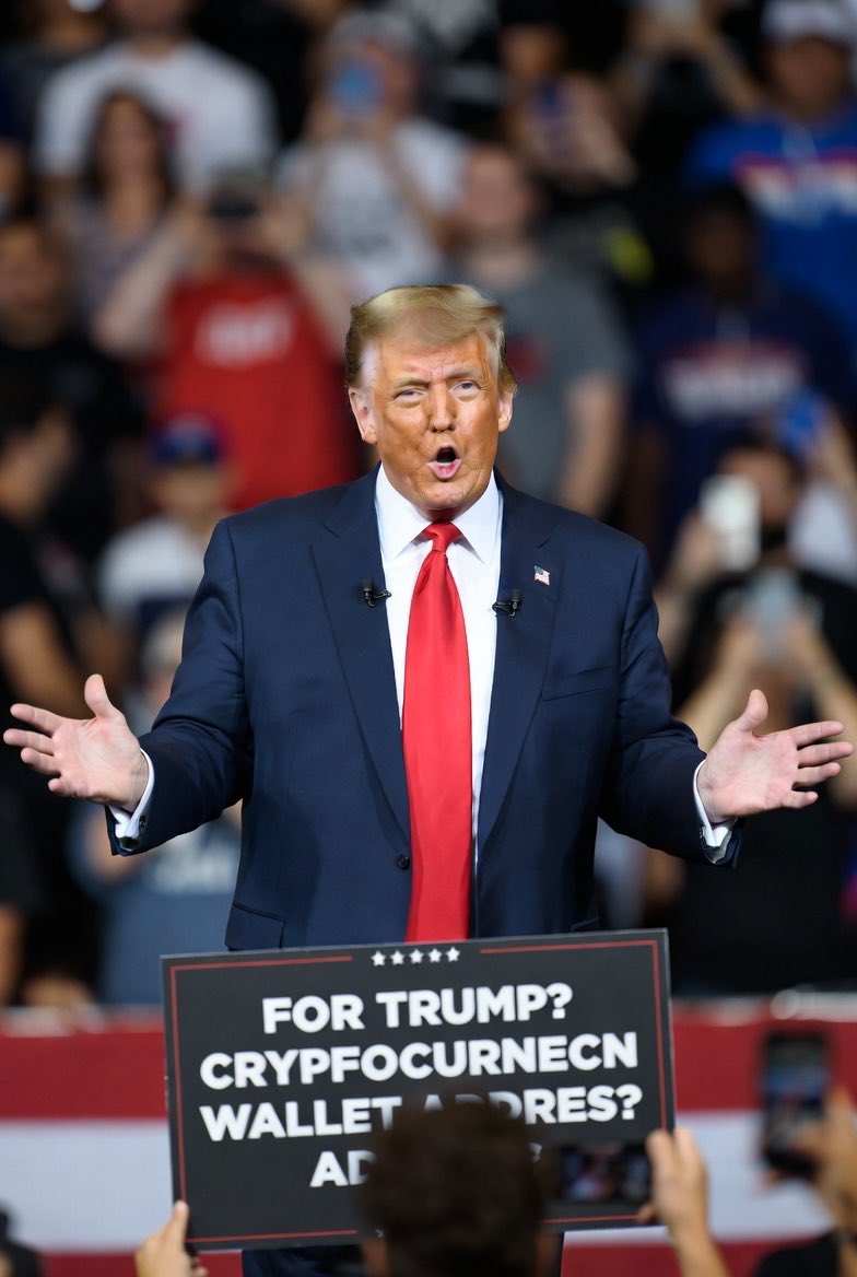 MaikeDomain's tweet photo. Here’s the English translation:

Trump stands on stage, super excited, and says:  
“I support cryptocurrency! We’re going to make America great again! Bitcoin is going to a million dollars! Everyone’s going to be super rich!”

A guy in the crowd raises his hand and asks:  
“Mr. President, could you please share your wallet address? We’d like to send you some ‘love and support’ in crypto.”

Trump pauses for three seconds, then calmly says:  
“…Actually, I prefer paper checks, you know? Old school is safer.” 😂