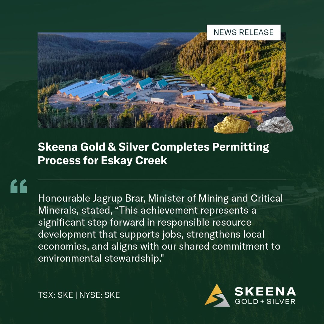 SkeenaGoldSilv's tweet photo. Skeena is pleased to announce receipt of the Environmental Management Act Permit, which completes the permitting process for Eskay Creek. Read the full news release here: https://t.co/DG6XZlWTnx https://t.co/4EYQMloSTv
