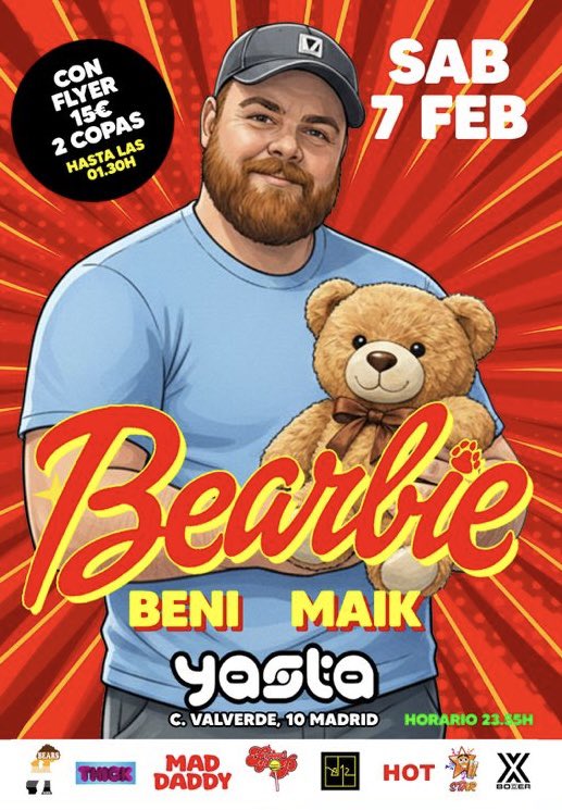 bearbiepop's tweet photo. 🐻✨ BEARBIE ✨🐻
Sábado 7 vuelve la fiesta más juguetona de la noche madrileña.

🎧DJs: Beni &amp; Maik
📍Yasta Club – C/ Valverde10
💥Con flyer: 15€+2 copas hasta la 01:30h🧸🔥
#Bearbie #FiestaBear #BearParty #MadridGay #GayMadrid #OsosMadrid
#BearCommunity #DaddyBear 
#BearLove https://t.co/4AyYSdDPkE