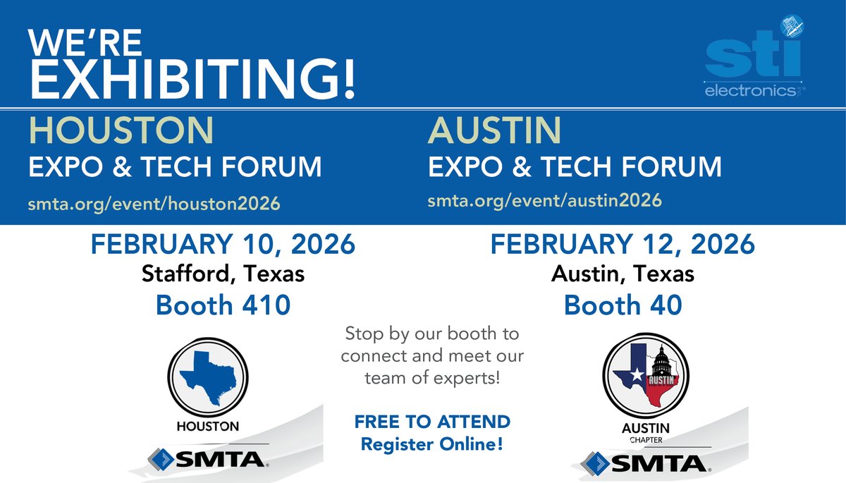 Join 𝐒𝐓𝐈 𝐄𝐥𝐞𝐜𝐭𝐫𝐨𝐧𝐢𝐜𝐬at the 𝐒𝐌𝐓𝐀 𝐄𝐱𝐩𝐨&amp; 𝐓𝐞𝐜𝐡 𝐅𝐨𝐫𝐮𝐦this February!

📍 𝐇𝐨𝐮𝐬𝐭𝐨𝐧 𝐄𝐱𝐩𝐨– 𝐁𝐨𝐨𝐭𝐡 𝟒𝟏𝟎
 Date: February 10, 2026
 Location: Stafford, TX
📍 𝐀𝐮𝐬𝐭𝐢𝐧 𝐄𝐱𝐩𝐨– 𝐁𝐨𝐨𝐭𝐡 𝟒𝟎
 Date: February 12, 2026
 Location: Austin, TX