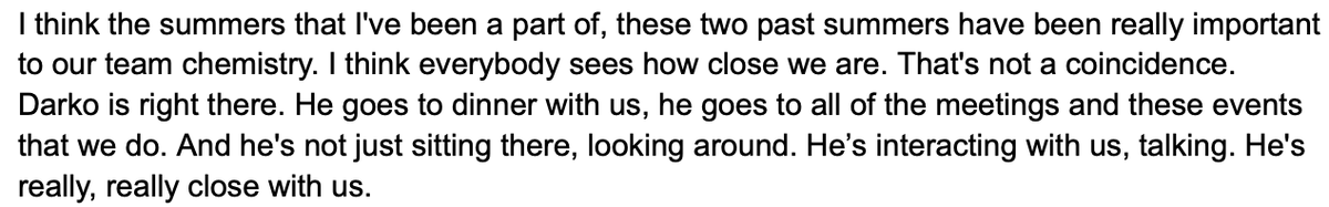 It was interesting how happy the Raptors players were for Darko Rajakovic getting recognized as the World coach at the all-star game. This quote from Jamal Shead is telling:
